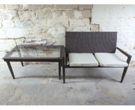 A contemporary garden or conservatory two seat bench sofa and coffee table with glass top, sofa width 122cm, table W120 x D60