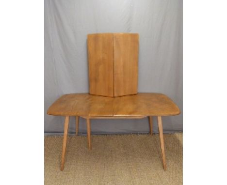 Retro Ercol light elm dining table with hinged additional leaf, maximum width 222 x D82 x H72cm