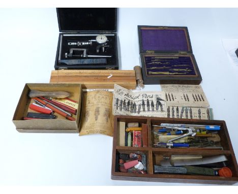 Vintage pens, nibs, drawing and writing equipment, engineering instruments and a New Zealand specimen timber pen box