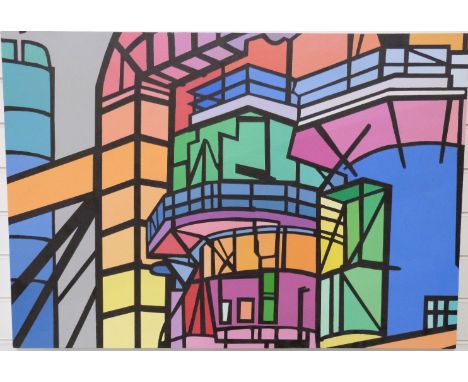 G Nightingale acrylic on board modernist architectural scene, 70 x 100cm