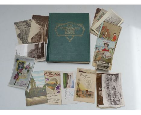 Triumph Stamp Album and small purse of stamps with vintage postcards including Cirencester Park, Burnham, novelty card and gr