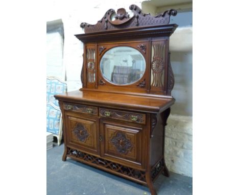 Art Nouveau mirror back sideboard with shell finial, W153 x D53 x H220cm