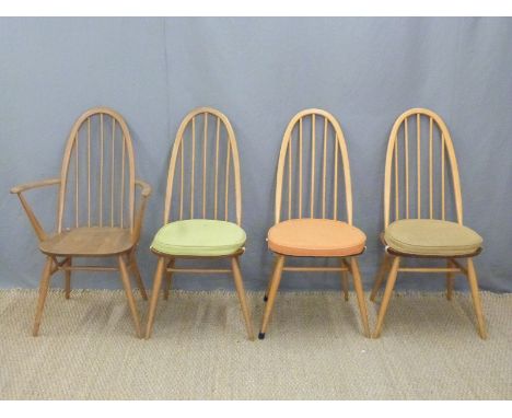 A set of four retro light elm Ercol dining chairs including one carver