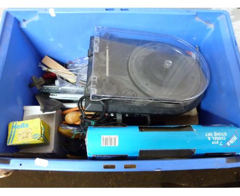 A quantity of tools to include tile saw, chisel set etc and a portable record player