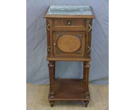 Continental marble-topped bedside cabinet with drawer and cupboard with shelf below and gilt mounts, W40 x D40 x H85cm 