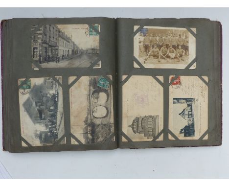 Edwardian/WWI postcard album also con silk cards, WWI cigarette cards and ephemera including French and English soldiers, one