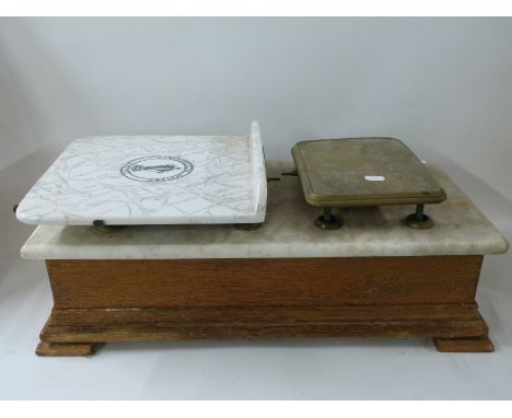 Bartlett & Son Limited Bristol shop counter scales with ceramic pan, marble top and wooden base 