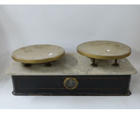 19thC shop scales with brass pans and marble top 