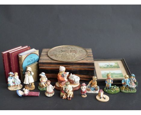 Coromandel wood box, prayer books, Leonardo figures, Jan Hagara figures, hunting prints, and a brass plaque of a galleon