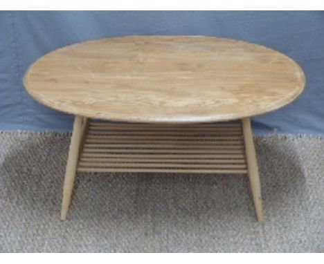 Retro light elm oval coffee table with rack under, possibly Ercol, W88 x H44 