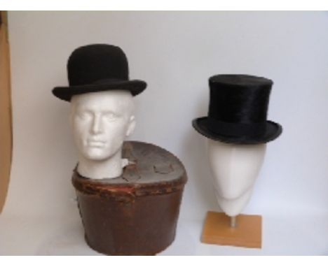 Tress & Co, London tophat in vintage leather case and a Trax Challenge bowler hat 