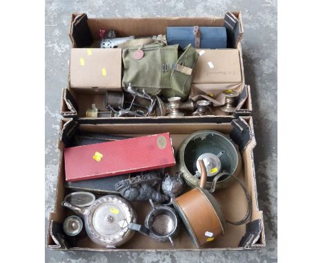 Collection of plated, copper and brassware, cased cutlery, three gas masks, two vintage miner's lamps etc