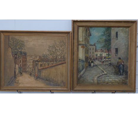 Continental oil on board street scene, indistinctly signed lower right possibly May and a similar print 