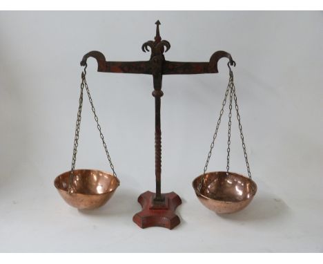 19thC wrought iron and copper beam scale with painted decoration, height 42cm