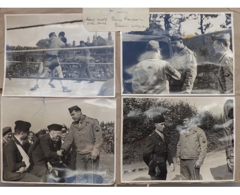 Four black and white photographs of Joe Louis former heavyweight boxing champion of the world, the first showing him refereei