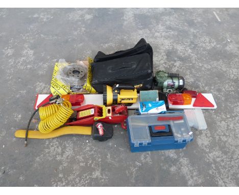 Quantity of vehicle related items to include trolley jacks, trailer light board, mini compressor, brake discs and pads (suita