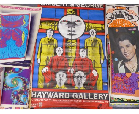 Gilbert and George Hayward Gallery exhibition poster with a collection of modern posters, some in psychedelic styles 