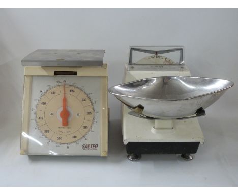 Four various sets of scales including Salters model 184 with parcel rates shown, Harper retro scales etc 