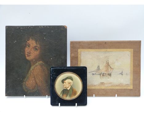 An 18thC or 19thC oil on board portrait 26 x 22cm, watercolour of sailing ships and a miniature