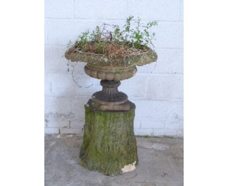 Cotswold Coade stone or similar 19thC or early 20thC garden urn on tree trunk style base, H42cm 