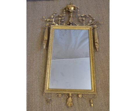 Regency gilt wood mirror with swags and urn finial and pediment decoration, W85 x H135cm