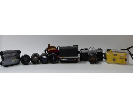 Asahi Pentax SP500 SLR camera with various lenses including Hanimar 135mm, Hanimex 135mm and Helios 44, Samsung VP-D371 digit