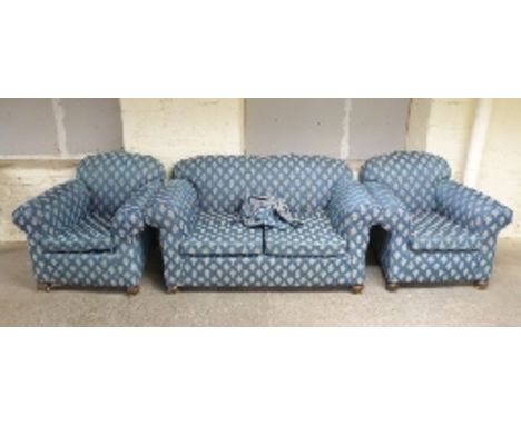 Victorian three piece suite with contemporary upholstery, width of sofa 155cm