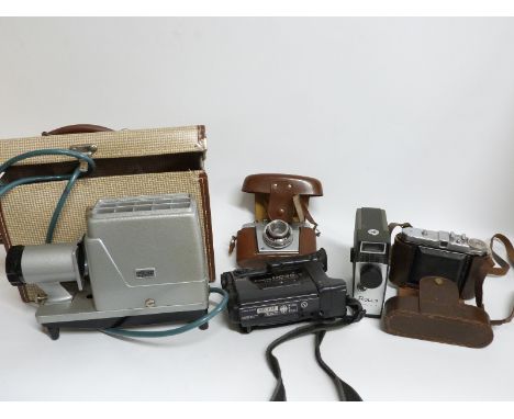 A quantity of vintage cameras including Agfa Silette, cine and video examples and Mark Schffel 20 x 50 binoculars etc