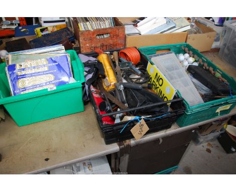 A quantity of miscellanea including classical LP's two crates of assorted tools, socket set, golf balls, screws, nails etc.