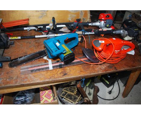 A Flymo Easicut 450 hedge trimmer and Black & Decker chainsaw, no lead.