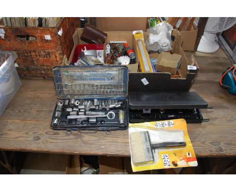 Two socket sets: 3/8 and 1/4 drive, small quantity of tools etc.