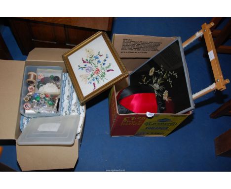 A box of curtains, buttons, Laura Ashley fabric etc plus some embroideries.