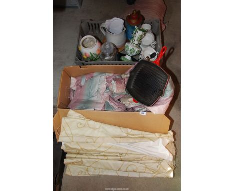 A quantity of blinds and curtains, Le Creuset skillet pan, sweet jar, vases etc.