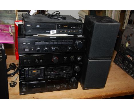 Two Denon tape decks and amplifier, Rotel amplifier, pair of JPW speakers and a Sansui CD player. 