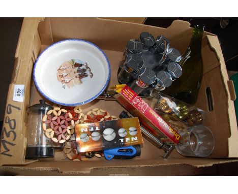 A box of kitchenware including spice rack, bottle openers etc.