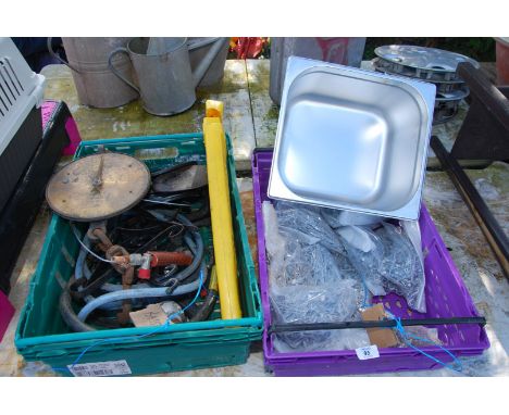 A stainless steel tub, brass faced weighing scales, plus wire nails, 2 1/2'' galvanised nails, w.i. shelf brackets and a gas 