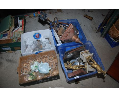Four boxes of copper exterior wall light, mixed china, bed warmer, glass etc