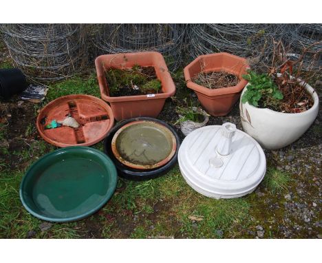 Glazed planter with shrub, plastic planters, etc.