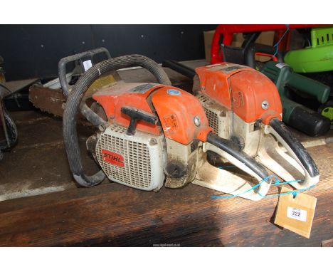 A Stihl D28AV Super chainsaw (no cutter bar/pull cord) and a Stihl D28ATS chainsaw, chain brake working.