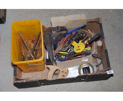 A box of assorted hand tools, etc.
