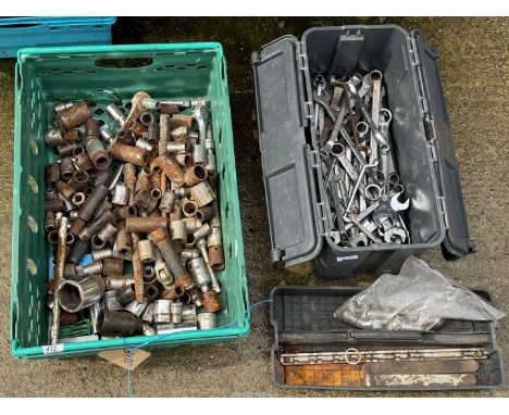 A quantity of long reach impact and other sockets, plastic toolbox and contents including spanners, 3/8 drive sockets etc.