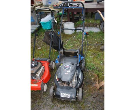 A MacAllister lawn mower with grass box, Briggs & Stratton 158 cc engine (good compression).