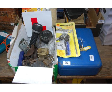 A cash tin with key, 'L' plates, hinges, brass locks, a Smiths vintage car clock (running at the time of lotting), etc.,