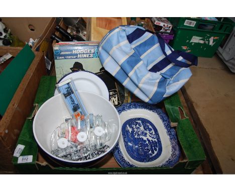 A quantity of blue and white china, LP's, tea light holder etc.