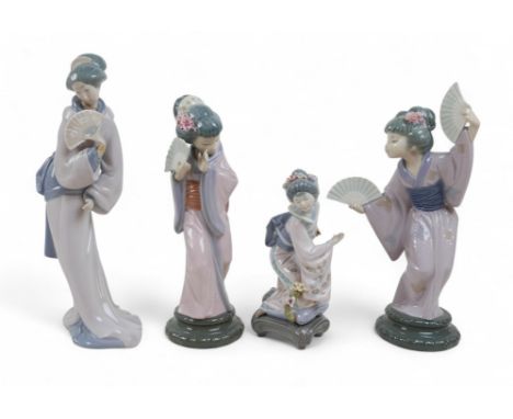 A group of Lladro Geisha figurines, comprising Madame Butterfly Geisha with Fans, 4991, 30cm high, Geisha Girl with Fan, 4990
