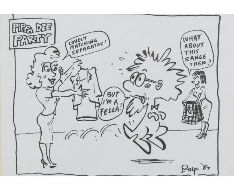 Rolf Harris (Australian, 1930-2023): a pen and ink sketch, 'Pippa Dee Party', signed 'Rolf '87' lower right, 19 by 24cm, moun