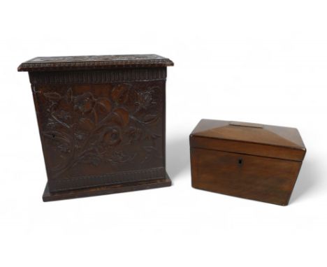 A 19th century mahogany tea caddy and a carved jewellery box, the jewellery box having five internal drawers, 25 by 12 by 25c