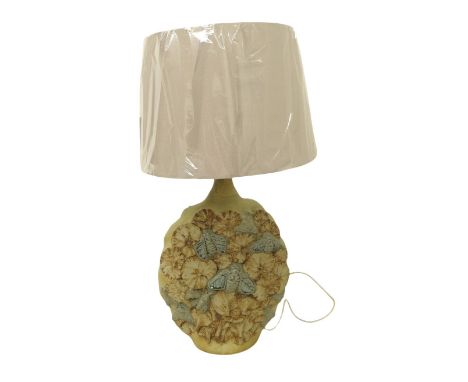 Bernard Rook Brutalist pottery totem table lamp, 30 by 43cm high, 67.5cm high with lamp shade.