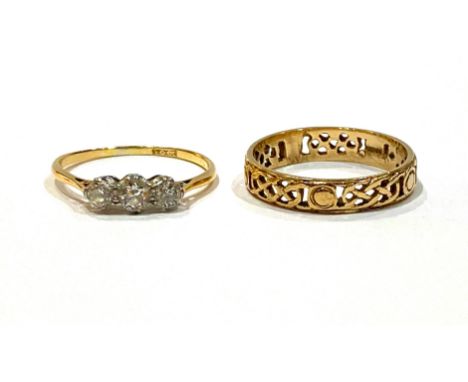 An 18ct yellow gold three stone diamond ring, the central stone 3.5mm, size R, 1.8g, together with a 9ct yellow gold wedding 