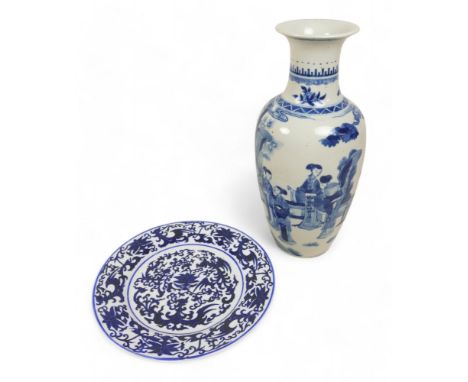 A 19th century Chinese porcelain blue and white baluster vase, decorated with figures, double ring mark, 36cm high, together 